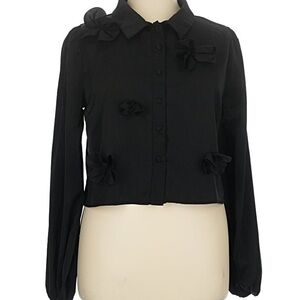 Lulumari Black Button-Front Floral Applique Blouse